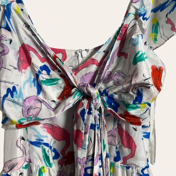 Tanya Taylor Tiegan Flamingo Print Silk Short Sleeve Midi Dress Size 6 - Picture 7 of 13